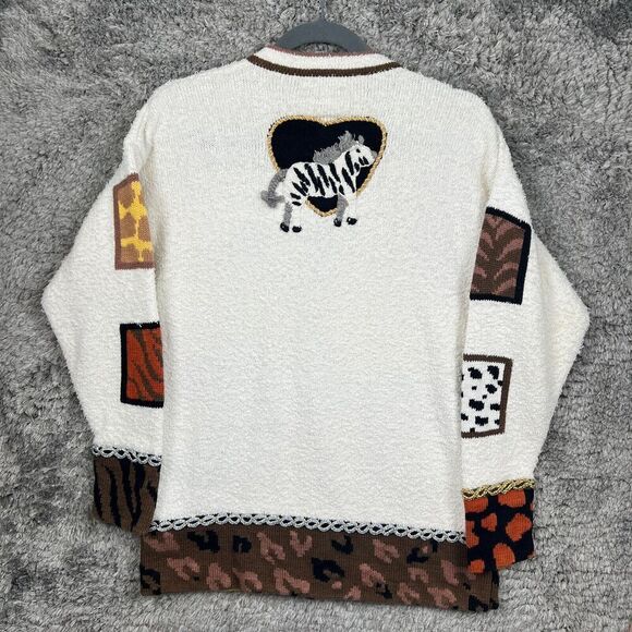 Vintage Berek Knit Cardigan Sweater Medium Jungle Animals All Over Print *READ* - Picture 2 of 11
